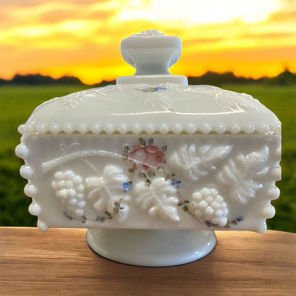 Vintage Westmoreland Hand Painted Milk Glass Beaded Grape Candy Dish